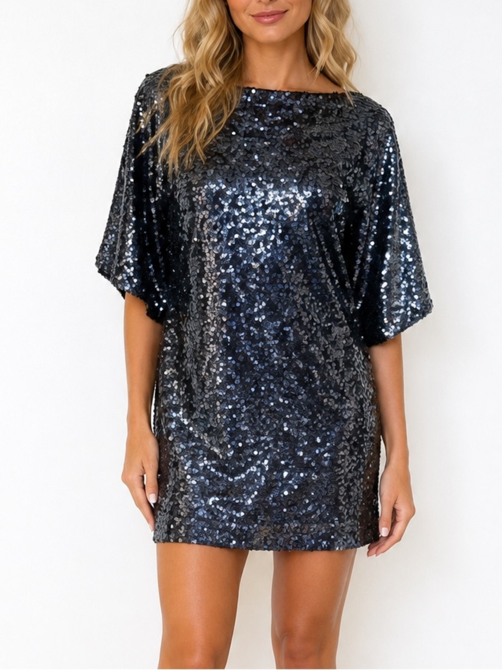 NV Couture Navy Blue Sequin Shift Dress Batwing Sleeve Cocktail Party Size 6 USA
